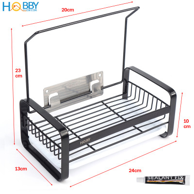 Kệ để đồ rửa bát màu đen dán tường Hobby Home Decor KRC10 có khay hứng nước - loại inox 304 có keo dán