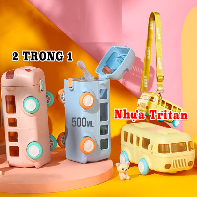 Bình đựng nước nhựa Tritan 500ml kèm dây đeo, chai nước hình xe bus gấu cho gia đình, Bình lọ chai nước lõi Tritan bọc nhựa cách nhiệt Cool cute bus for kid