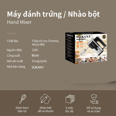 Máy đánh trứng cầm tay SOKANY 800W có 5 tốc độ điều chỉnh chuyên dụng SK-6621- Hàng chính hãng