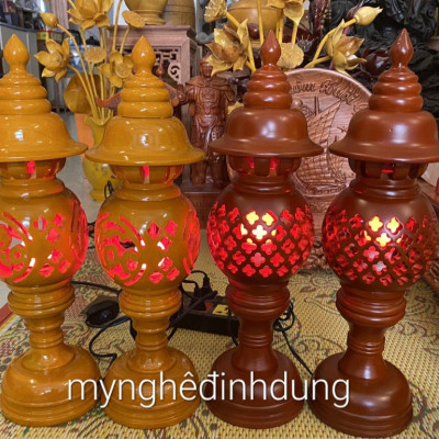 Cặp đèn thờ bằng gỗ khắc chữ  phúc lộc thọ gỗ xà cừ kt cao 50cm 