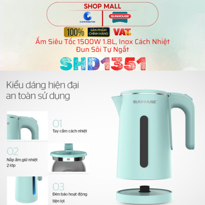 Ấm Siêu Tốc Sunhouse SHD1351 - Công Suất 1500W - Dung Tích 1.8L - Inox 2 Lớp - Hàng Chính Hãng