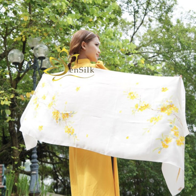Khăn Lụa Vẽ Hoa Mai Cao Cấp 160x55cm SenSilk, Quà Tặng May Măn Cho Nữ, Tinh Hoa Làng Nghề Truyền Thống Việt Nam, Phụ Kiện Thời Trang Cao Cấp, Hand Painted Silk Scarves For Women...