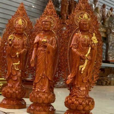 Bộ tượng phật tam thánh tây phương bằng gỗ hương đá kt cao 50×15×15cm +lá chắn hào quang cao tổng 61×21cm 