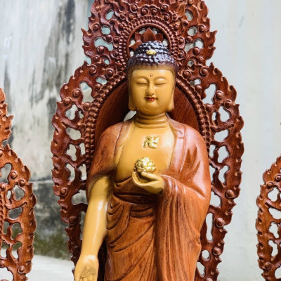 Bộ tượng phật tam thánh bằng gỗ hương đá làm mầu giả cổ kt cao 40cm