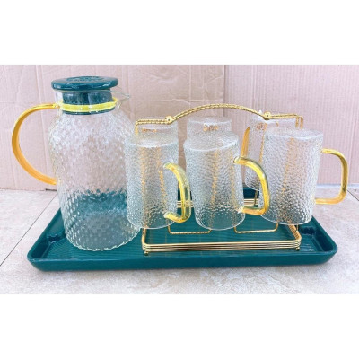 Bộ bình đựng nước 6 cốc ống thủy tinh kèm khay sứ, giá úp cốc kim loại mạ vàng sang trọng