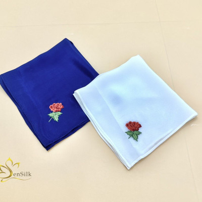 Khăn Tay Thêu Handmade Hoa Hồng Sen Silk - 100% Mulberry Silk Embroidery - Quà Tặng Bạn Gái Trai - Quà Việt Nam cho Khách Nước Ngoài - Lụa Tơ Tằm Thuần Việt