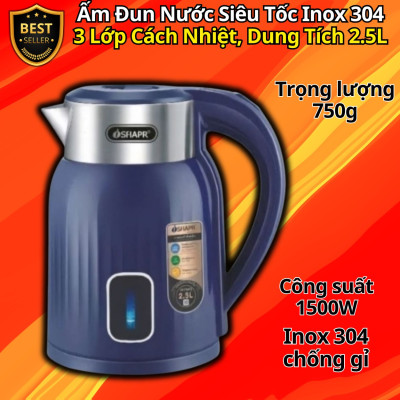 Ấm Đun Nước Siêu Tốc Inox 304 Cao Cấp – 3 Lớp Cách Nhiệt, 1500W, Dung Tích 2.5L Hàng chính hãng D Danido