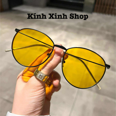 Kính râm Mắt tròn vàng thiết kế đơn giản đi ngày đêm + Tặng hộp đựng, khăn lau