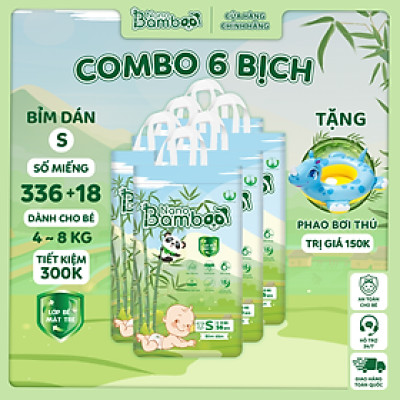 COMBO 6 Bịch tã/bỉm Dán Nano Bamboo sợi tre NB1/S/ M(336 miếng) tiết kiệm 300k kèm quà tặng