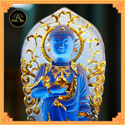 Tượng phật dược sư lưu ly tượng dược sư đứng hào quang xanh dương trang trí 23cm phong thủy, thờ cúng Diệu Tâm
