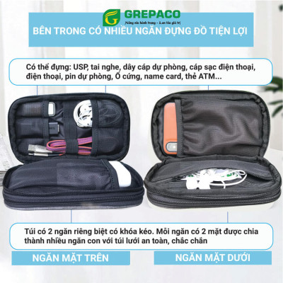 Túi Đựng Phụ Kiện Công Nghệ Grepaco, Pin Sạc Dự Phòng, Điện Thoại, Cáp Sạc USB, Tai Nghe Vải Bố Canvas, Nhiều Ngăn, Có Quai Cầm, Chống Nước, Khóa Kéo YKK Dành Cho Nam Nữ Đi Học, Làm, Du Lịch - Hàng Chính Hãng