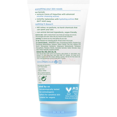 Sữa rửa mặt Simple Micellar Gel Wash giúp cấp ẩm và sạch sâu cho da khô (150ml) - Hàng chính hãng
