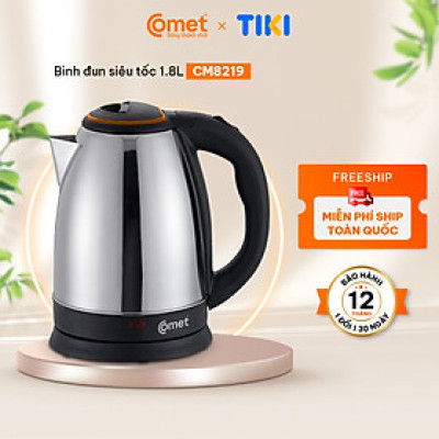 Bình đun siêu tốc Comet CM8219 – Dung tích 1.8L, công suất 1500W – Ruột inox 304 chống bỏng, tự ngắt an toàn – Hàng chính hãng bảo hành 12 tháng 