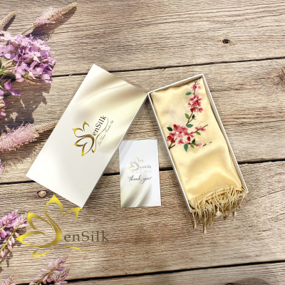 SenSilk Hand Embroidery Silk 200x55cm - Khăn Lụa Thêu Tay Thời Trang Hoa Đào, Lụa Việt Thêu Thủ Công, Tơ Lụa Việt Nam