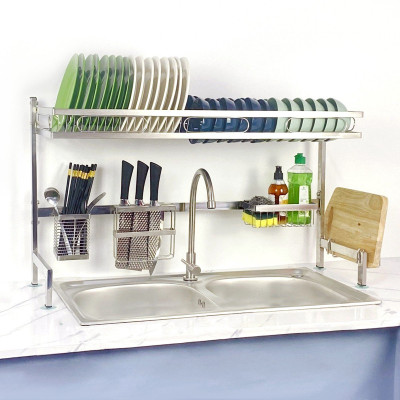 COMBO Chậu Inox 2 Hộc Có Chân Kèm Kệ Úp Chén Đa Năng - Gồm chậu 2 hộc, chân, kệ chén 1 tầng hoặc 2 tầng, vòi Luxta lạnh, tặng rổ rút, dây cấp, keo lụa