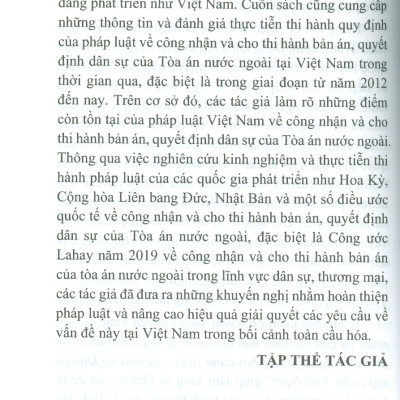 Công Nhận Và Cho Thi Hành Bản Án, Quyết Định Dân Sự Của Toà Án Nước Ngoài Trong Bối Cảnh Toàn Cầu Hoá Và Khuyến Nghị Cho Việt Nam (Sách chuyên khảo) - TS. Nguyễn Thu Thuỷ chủ biên