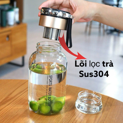 Bình Nước Thuỷ Tinh Kèm Nắp Pha Trà Thông Minh Cao Cấp Có Lọc Trà Inox Sang Trọng Tặng Túi Chống Nóng Quai Đeo