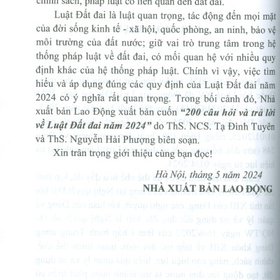 200 Câu Hỏi Và Trả Lời Về Luật Đất Đai Năm 2024 (Sách chuyên khảo) - ThS. NCS. Tạ Đình Tuyên, ThS. Nguyễn Hải Phượng
