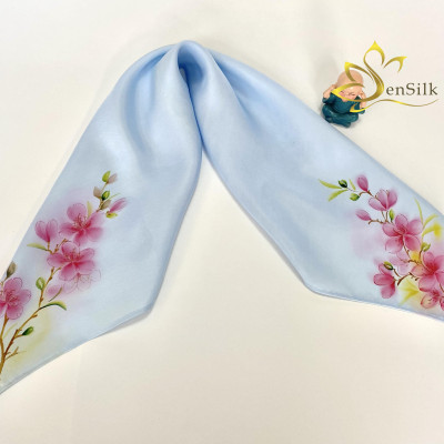 Khăn Cột Tóc Lụa Tơ Tằm Vẽ Tay Hoa Đào SenSilk 55x55cm, Phụ Kiện Lụa Cao Cấp - Quà Tặng Độc Đáo