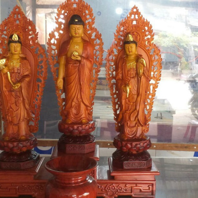 Bộ tượng phật tam thánh bằng gỗ hương đá làm mầu giả cổ kt cao 40cm