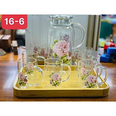 Bộ bình đựng nước uống thủy tinh kèm 6 cốc hoa ( không bao gồm khay )