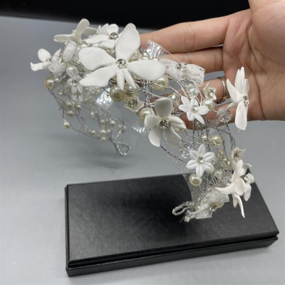 Băng đô cài tóc cô dâu hạt trai đính hoa nơ ren