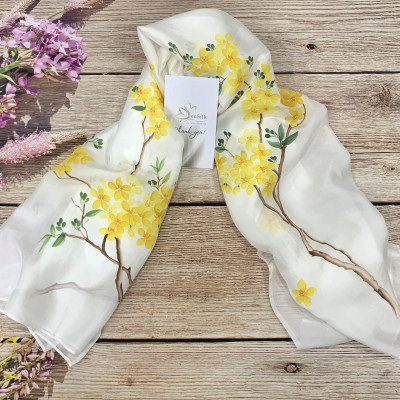 Khăn Lụa Vẽ Hoa Mai Cao Cấp 160x55cm SenSilk, Quà Tặng May Măn Cho Nữ, Tinh Hoa Làng Nghề Truyền Thống Việt Nam, Phụ Kiện Thời Trang Cao Cấp, Hand Painted Silk Scarves For Women...