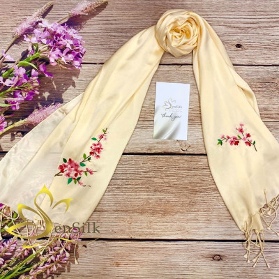 SenSilk Hand Embroidery Silk 200x55cm - Khăn Lụa Thêu Tay Thời Trang Hoa Đào, Lụa Việt Thêu Thủ Công, Tơ Lụa Việt Nam