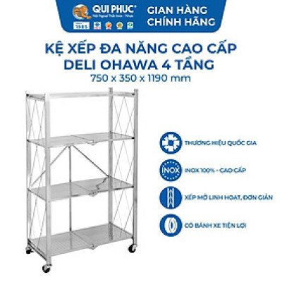 [Chính hãng Qui Phúc] Kệ xếp inox đa năng cao cấp OHAWA 4 tầng, có bánh xe di chuyển tiện lợi