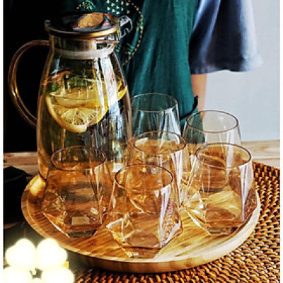 COMBO BÌNH ĐỰNG NƯỚC THỦY TINH CÓ KHAY ĐỰNG VÀ 6 CỐC MÀU MẠ VÀNG - VD692