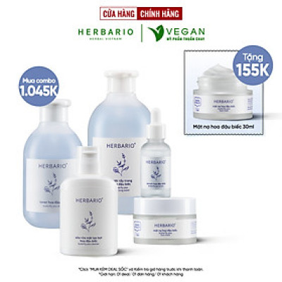 Bộ 5 Hoa Đậu Biếc Herbario: Nước tẩy trang 300ml +Sữa rửa mặt tạo bọt 100ml+mặt nạ 30ml + Toner 200ml + Tinh chất 30ml