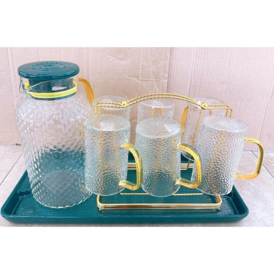 Bộ bình đựng nước 6 cốc ống thủy tinh kèm khay sứ, giá úp cốc kim loại mạ vàng sang trọng