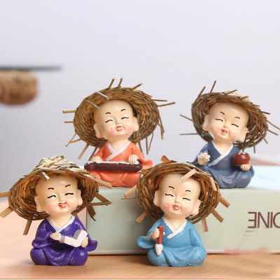 Bộ 4 chú tiểu nón rơm Cầm kỳ thi hoạ - Trang trí hồ cá, xe hơi, bàn làm việc,... (Hàng loại 1 sắc nét)