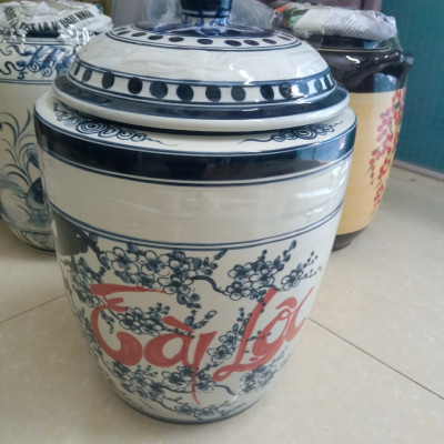 Hũ đựng gạo tài lộc nem trắng gốm sứ Bát Tràng loại 25Kg
