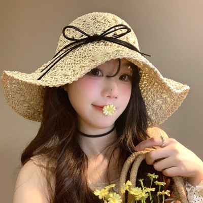 Nón mũ rộng vành gấp gọn đi biển du lịch dã ngoại thoáng mát chất liệu cói phong cách Hàn Quốc  phối dây da đen dona25042501