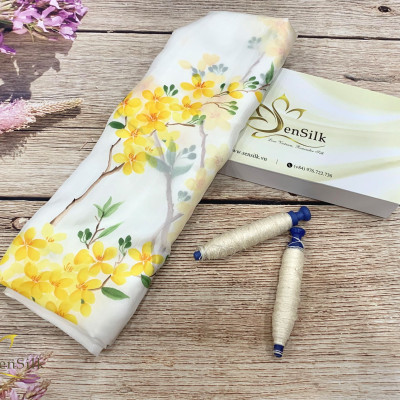 Khăn Lụa Vẽ Hoa Mai Cao Cấp 160x55cm SenSilk, Quà Tặng May Măn Cho Nữ, Tinh Hoa Làng Nghề Truyền Thống Việt Nam, Phụ Kiện Thời Trang Cao Cấp, Hand Painted Silk Scarves For Women...