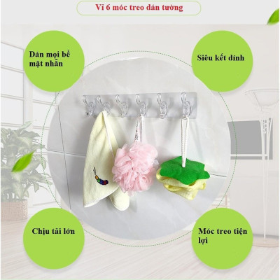 Thanh 6 Móc Treo Đồ Dán Tường Siêu Dính Chịu Lực Trong Suốt - Hàng Chất Lượng