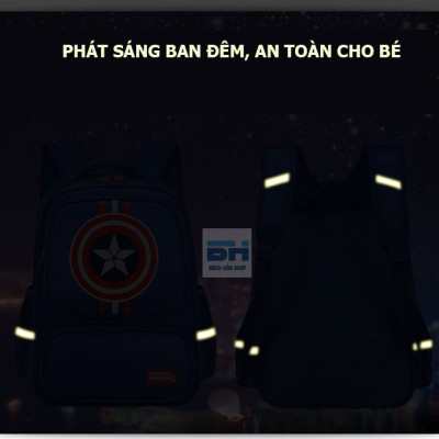 Balo Đội trưởng Mỹ BH Kids chống nước, chống gù cho học sinh cấp 1 - Cặp nhiều ngăn - Phát sáng ban đêm - BHS05