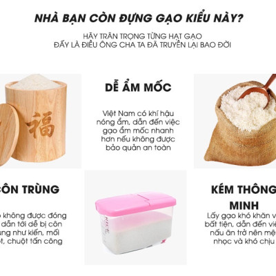 Thùng (Hủ) Đựng Gạo Thông Minh Nhật Bản 12kg, Thiết Kế Dạng Ấn Nút, Chất Liệu Nhựa ABS Cao Cấp, Tiện Lợi, Sang Trọng Căn Bếp,  Tặng Kèm Khay Đựng Gạo Và Thanh Chống Ẩm