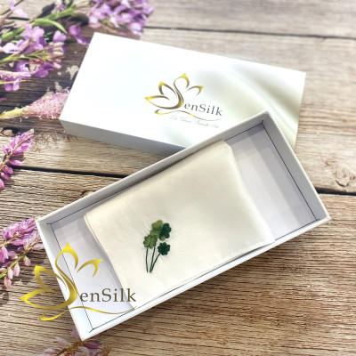 Silk Handkerchief 100% Handmade Embroidery - Khăn Tay Thêu Lụa Cỏ 4 Lá - Quà Tặng Trái Tim SenSilk - Best Seller Vienam Gift
