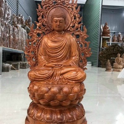 Tượng phật thích ca bằng gỗ hương đá kt cao 50×25×25cm + lá chắn hòa quang 60cm