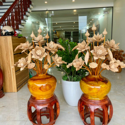 1 Bình hoa sen gỗ hương đỏ, trang trí phòng khách ,phòng thờ ,25 cành hoa lá gương bằng gỗ ngọc am thơm phức  