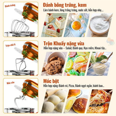 Máy Trộn Thực Phẩm Làm Bánh SM02 Đa Năng 3 Trong 1, Có Nắp Tiếp Liệu, Thố Inox 304 Dung Tích 5.5 Lít, Hàng Chính Hãng