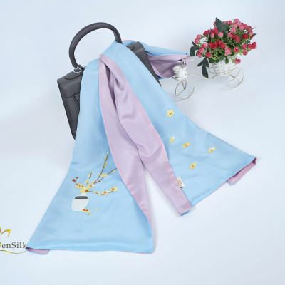 Khăn Lụa Cao Cấp 2 Màu Thêu Hoa Mai – Quà Tặng Phú Quý, Khăn Thêu Tay, Khăn Thêu Thủ Công