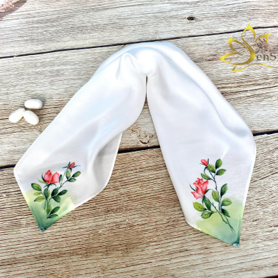 Khăn Lụa Quấn Túi Cao Cấp Vẽ Tay Hoa Hồng SenSilk, Khăn Lụa Tơ Tằm Quấn Cổ Thắt Nơ 55x55cm