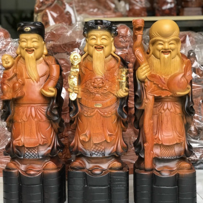 Bộ tượng phật tam đa phúc lộc thọ bằng gỗ hương đá tô làm mầu giả cổ kt cao 30×12×8cm