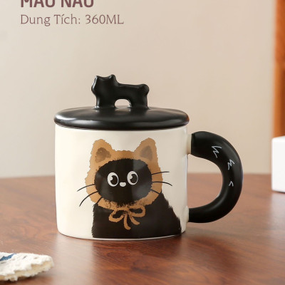Ly Gốm sứ Mèo kèm nắp Mèo dễ thương 360ml