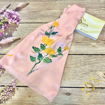 Khăn Quấn Cổ Lụa Tơ Tằm Thời Trang Vẽ Tay Cúc Vàng SenSilk Limited, Silk Painting Scarves 180 x 55cm, Quà Tặng Sinh Nhật Mẹ