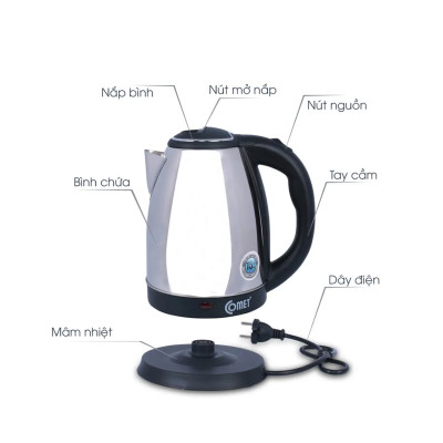 Bình đun siêu tốc Comet CM8215 – Dung tích 1.5L, công suất 1500W – Ruột inox chống bỏng, tự ngắt an toàn – Hàng chính hãng bảo hành 12 tháng