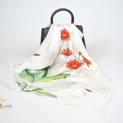 Khăn Quàng Cổ Lụa Vẽ Tay Handmade Hoa Đồng Tiền SenSilk - 100% Mulberry Silk Hand Painted